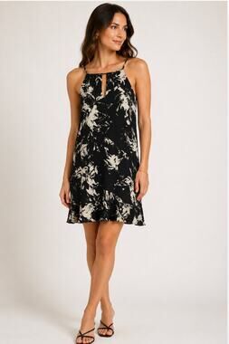 NWT Parker Elegant Keyhole Racerback Halter Black Floral Ruffle Whimsy Dress S